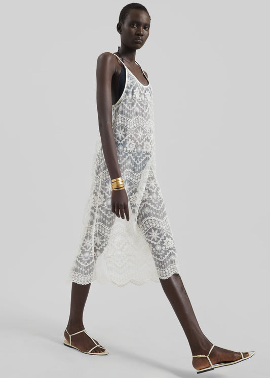 Berzi Sheer Lace Midi Dress - White
