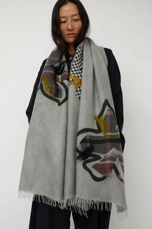 Exquisite J Hand Dyed Scarf with Flowers in Grey