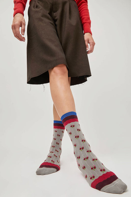 Exquisite J Short Cotton Micro Roses Socks in Grey