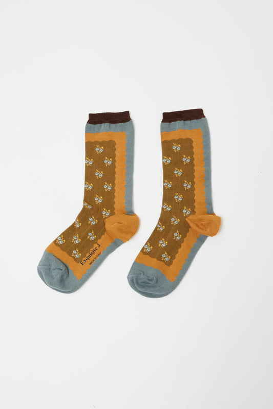 Exquisite J Short Cotton Micro Roses Socks in Mustard