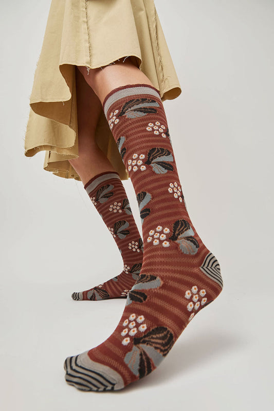 Exquisite J Tall Berries and Flower Socks in Rust