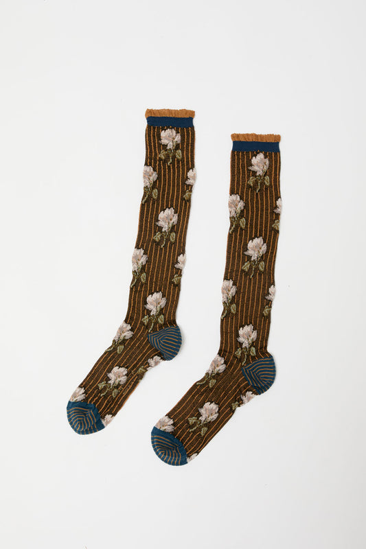 Exquisite J Tall Flower Socks in Cream Flowers