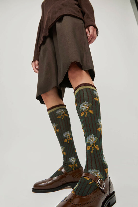 Exquisite J Tall Flower Socks in Olive Flowers