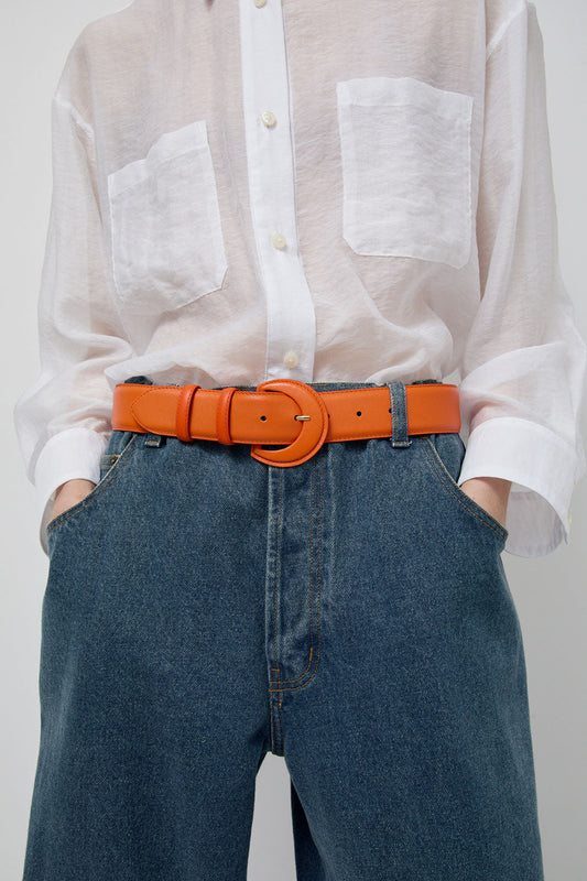 Maison Boinet Round Covered Buckle Leather Belt in Mandarine