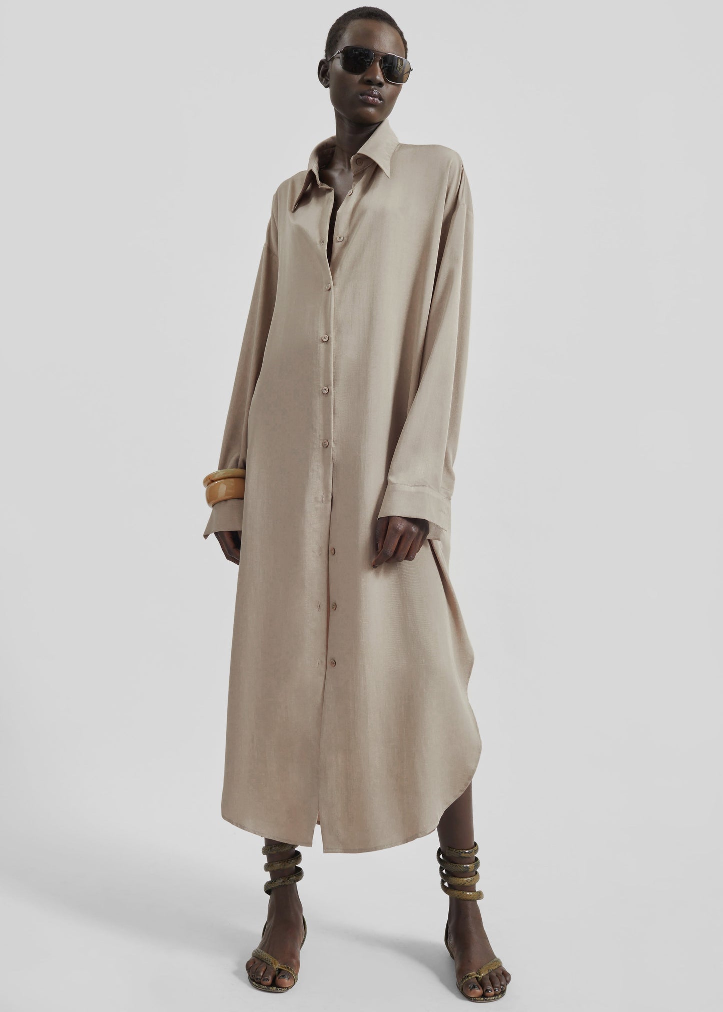 Silvan Neck Tie Shirt Dress - Taupe