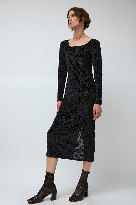 Simone Wild Rose Devore Long Sleeve Dress in Black