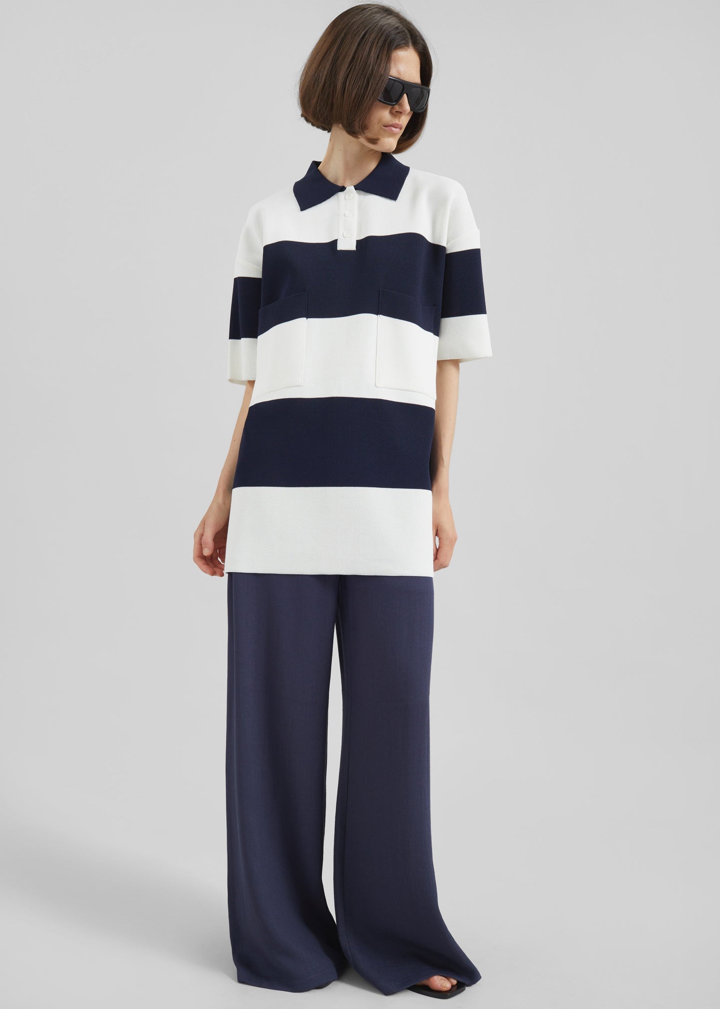 Teralba Oversized Knit Polo - White/Navy Stripe