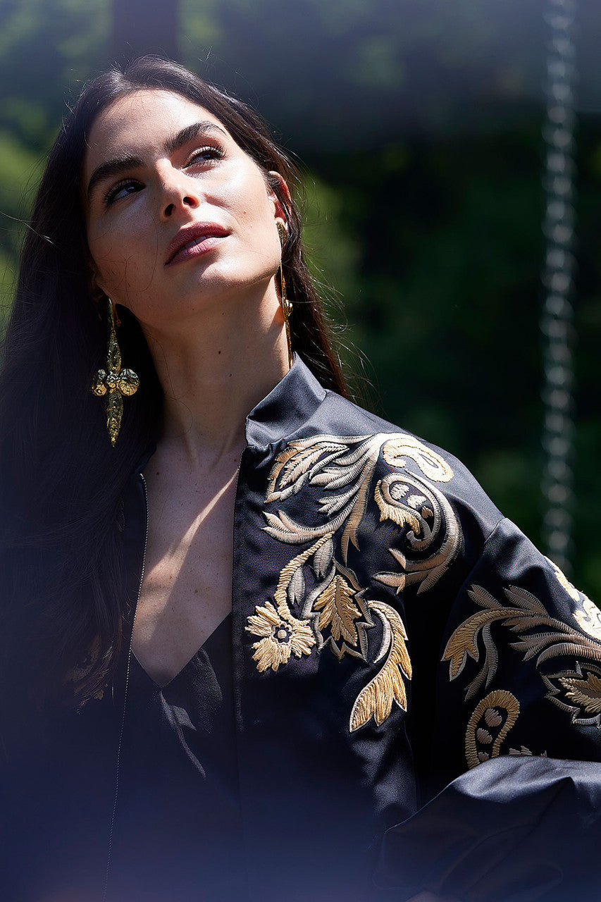 Duchess Satin Embroidered Crop Bomber Jacket