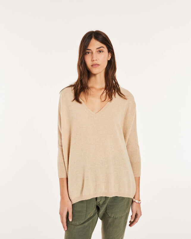 Kujten Minie Cashmere Oversized Sweater V neck 3/4 sleeve