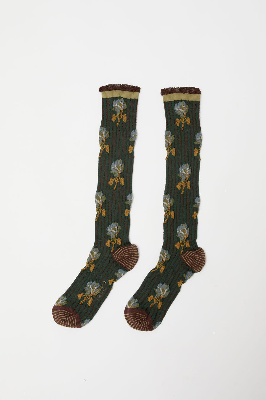 Exquisite J Tall Flower Socks in Olive Flowers