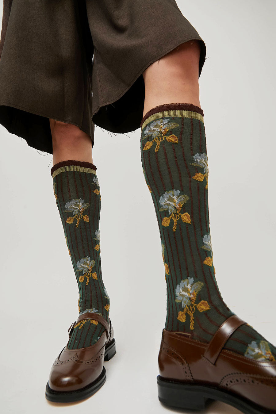 Exquisite J Tall Flower Socks in Olive Flowers