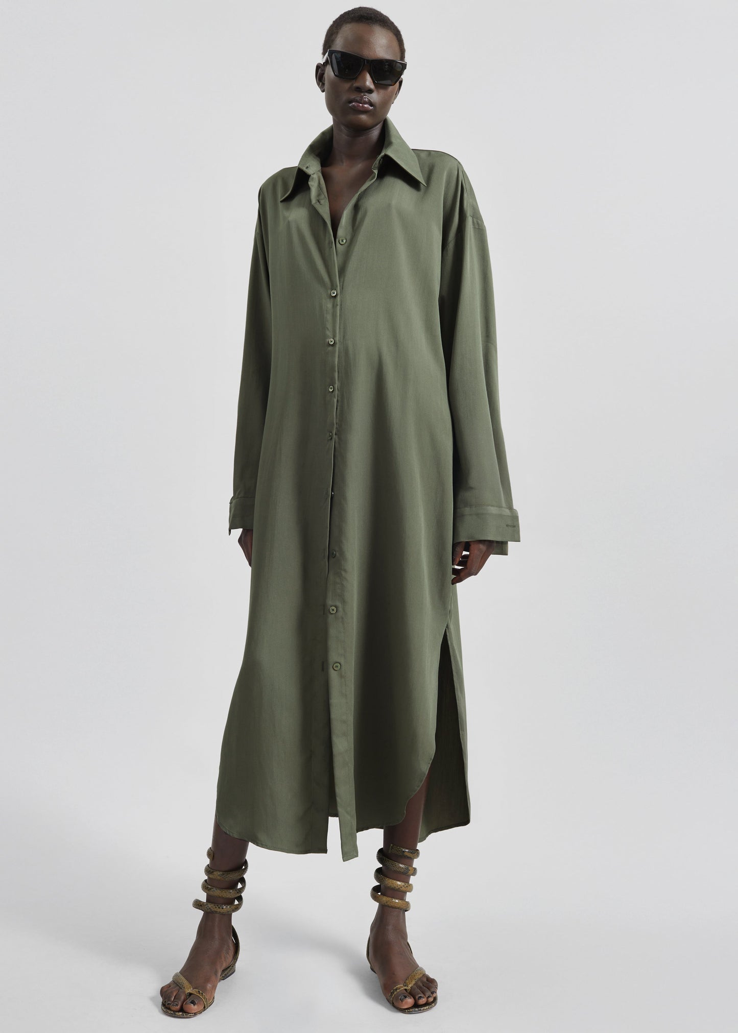 Silvan Neck Tie Shirt Dress - Olive