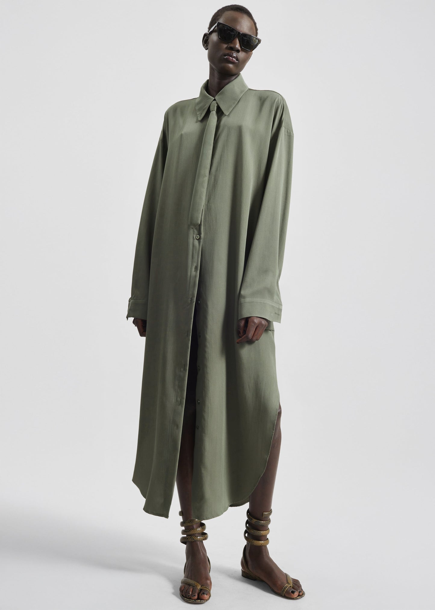 Silvan Neck Tie Shirt Dress - Olive