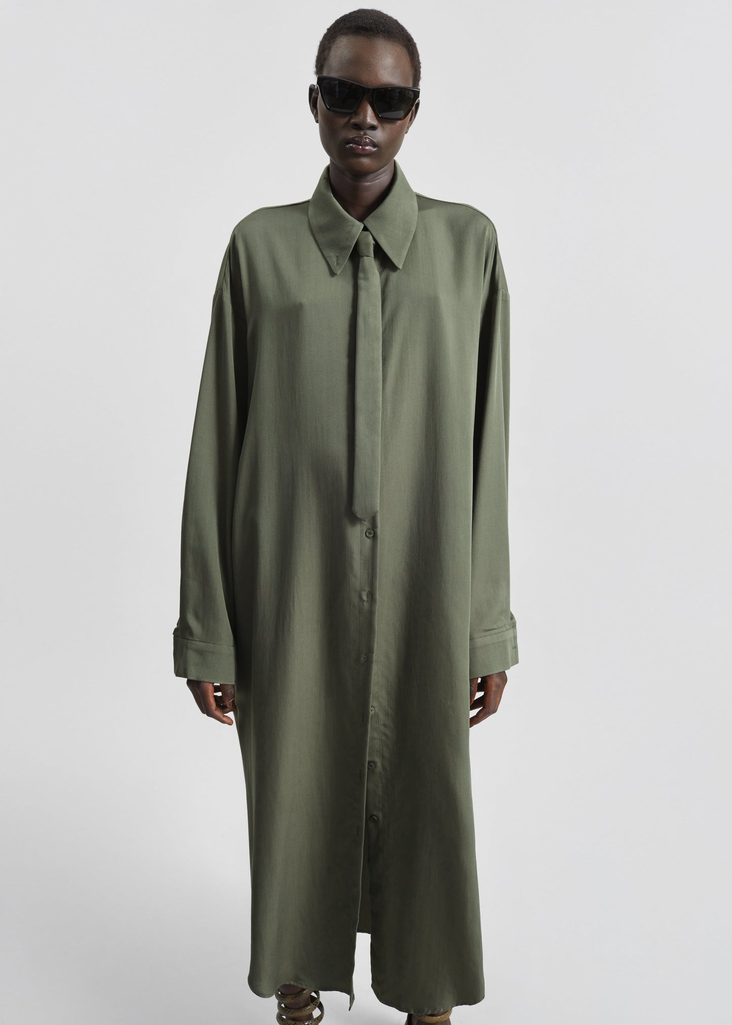 Silvan Neck Tie Shirt Dress - Olive
