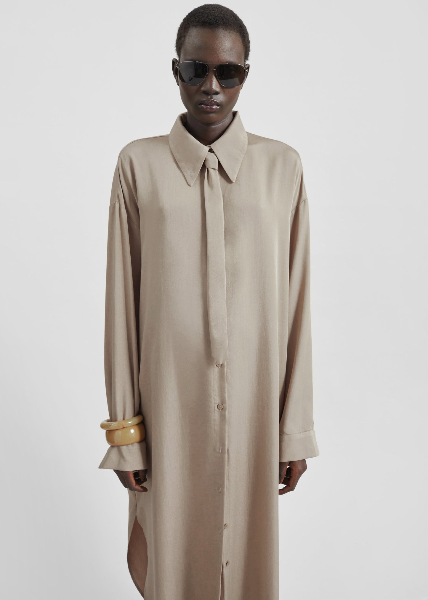 Silvan Neck Tie Shirt Dress - Taupe