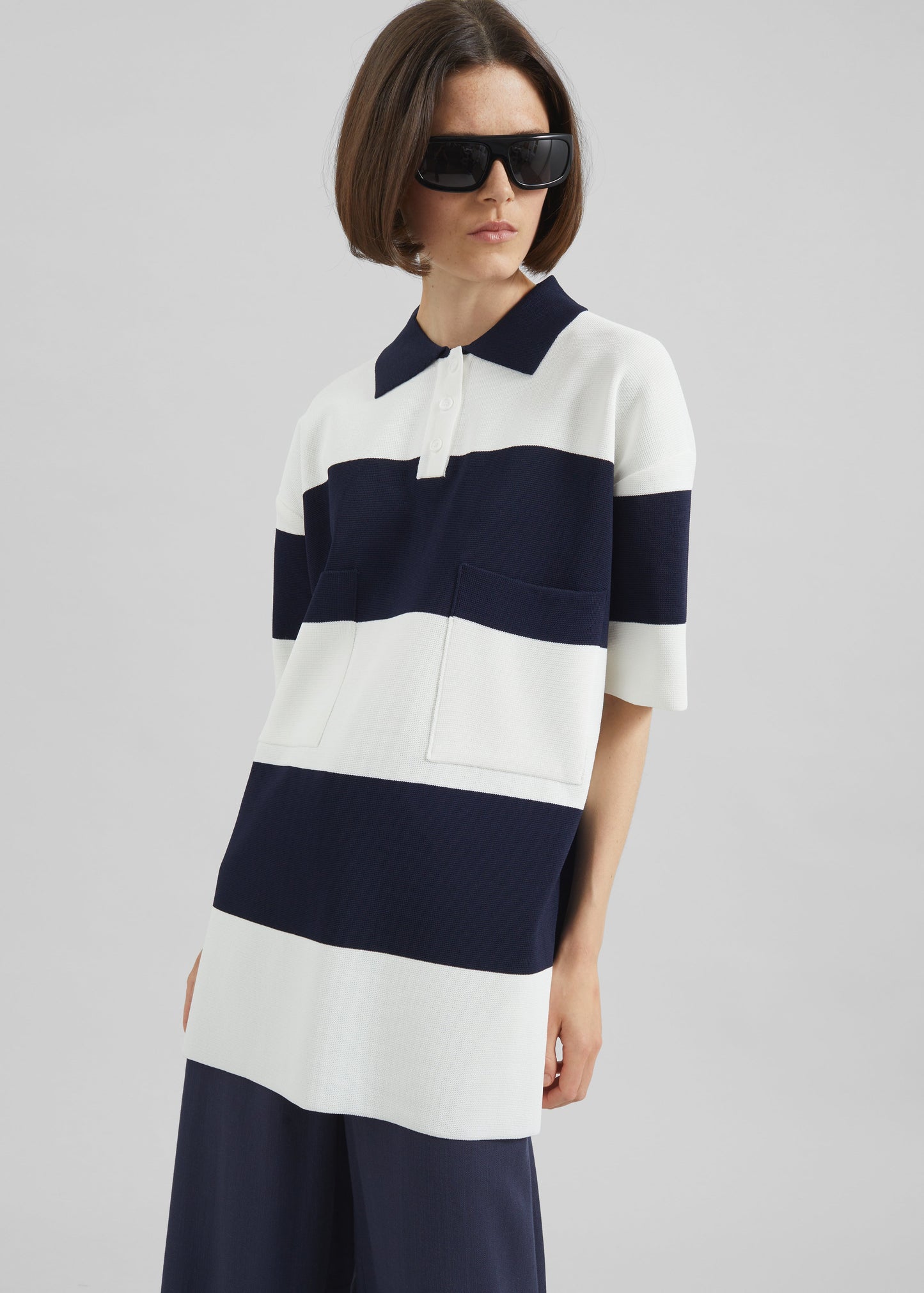 Teralba Oversized Knit Polo - White/Navy Stripe