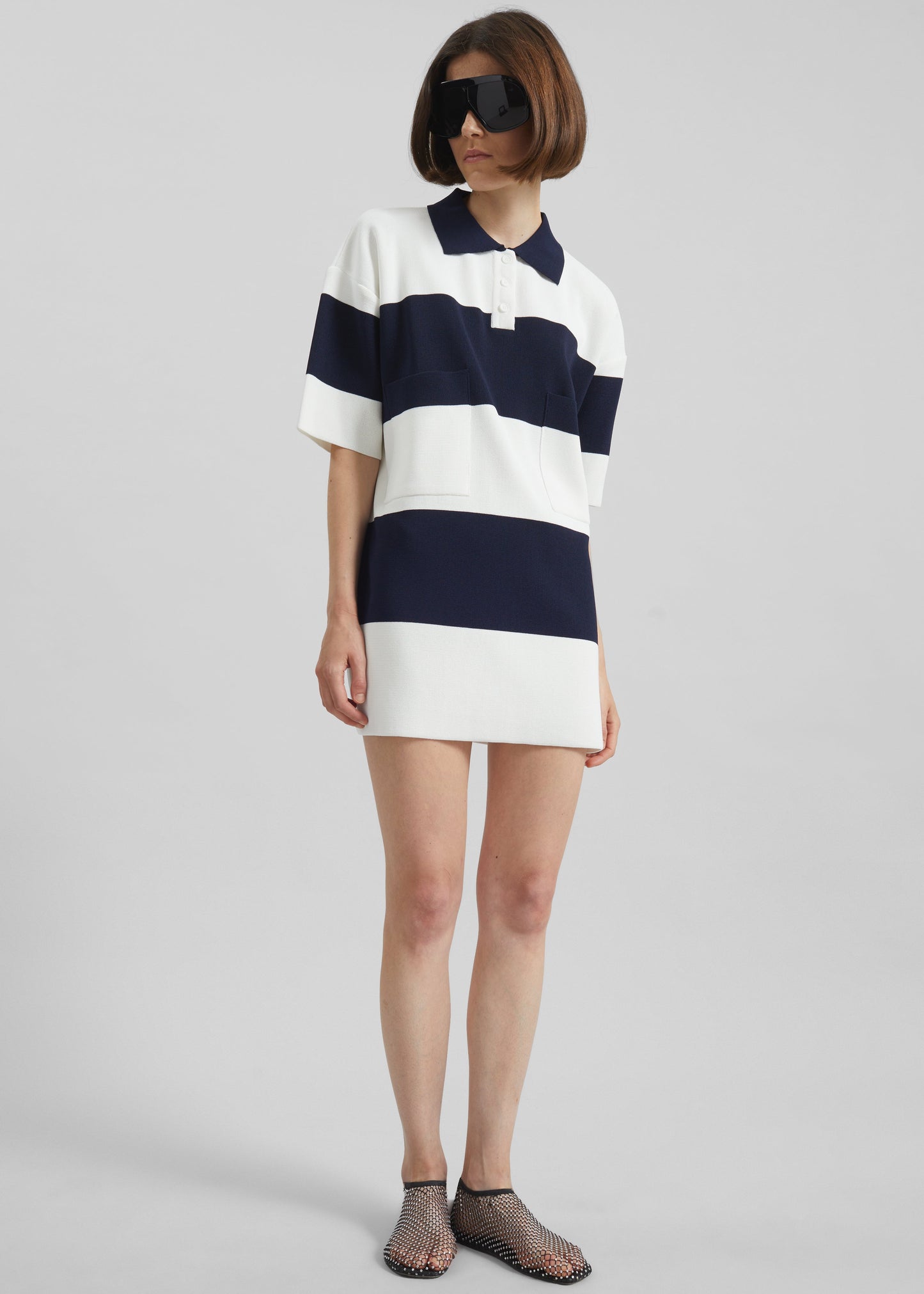 Teralba Oversized Knit Polo - White/Navy Stripe