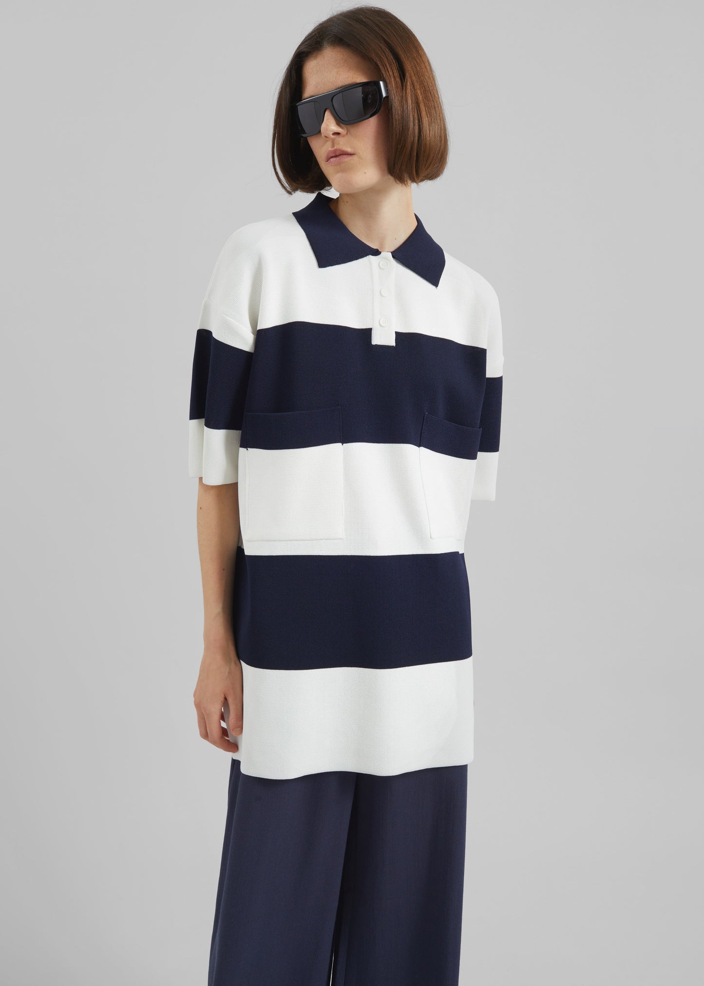 Teralba Oversized Knit Polo - White/Navy Stripe